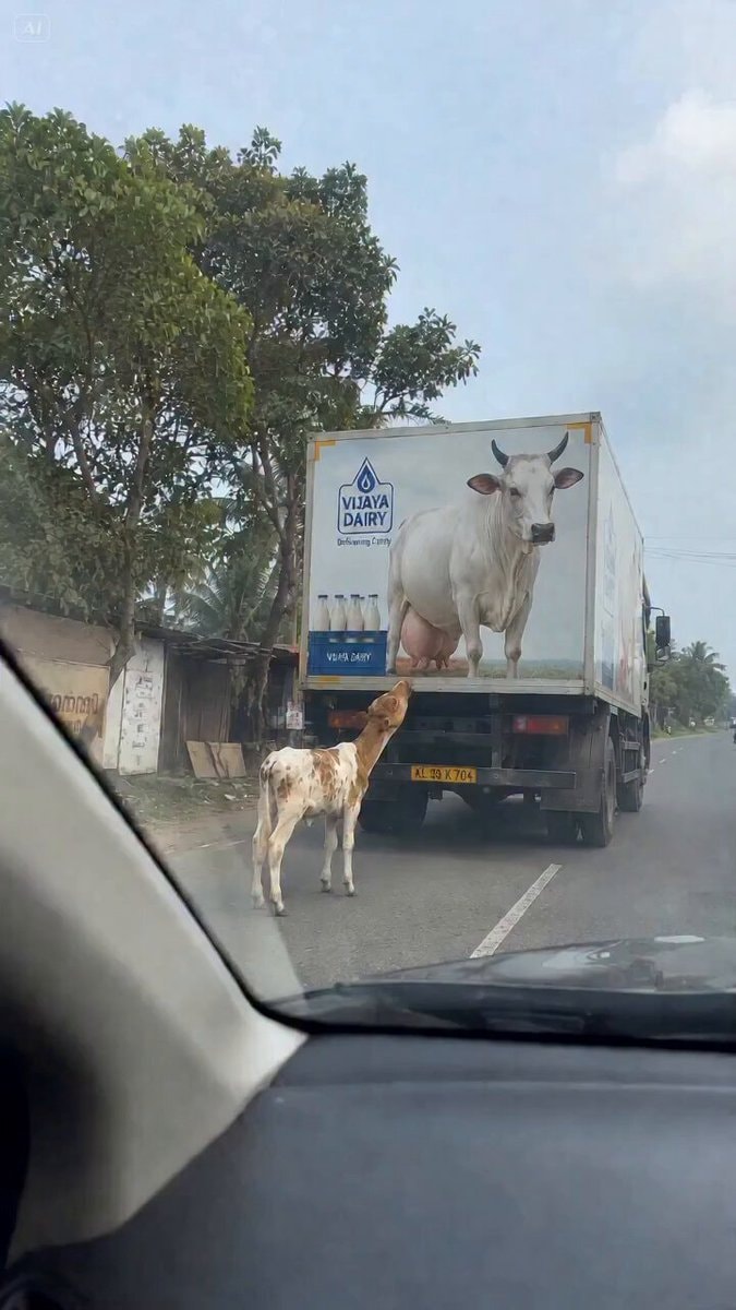 calf looking at cow on truck