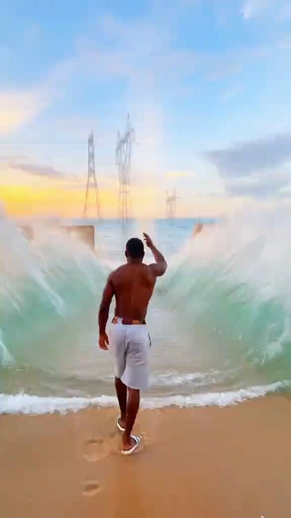 Man hit by wave on beach