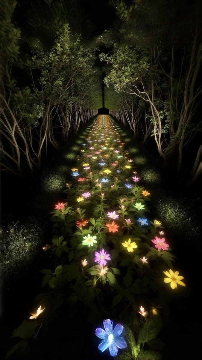 Illuminated flower pathway at night