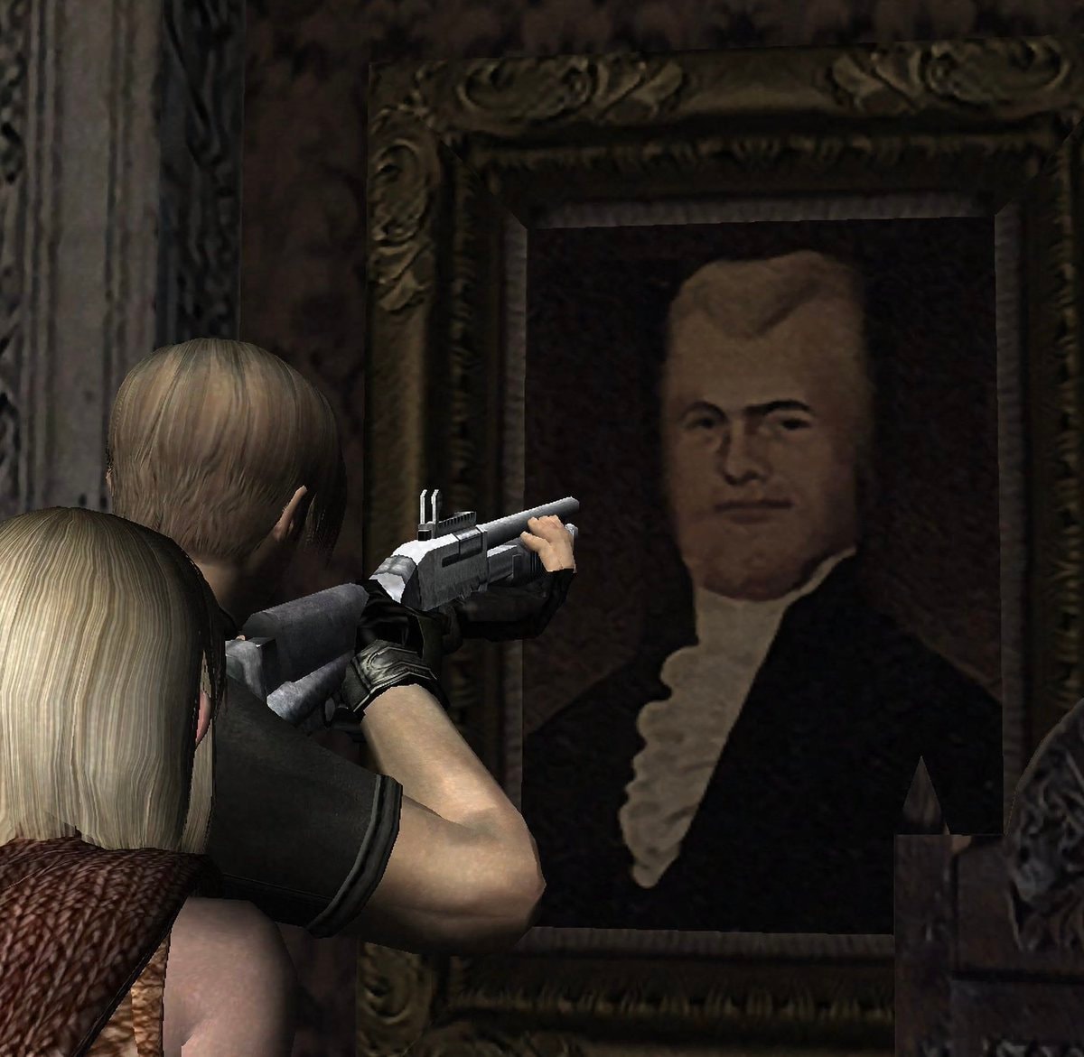 Video game characters aiming shotgun at framed portrait