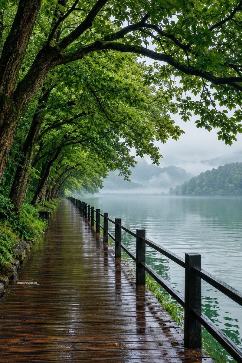 wet boardwalk by the lake