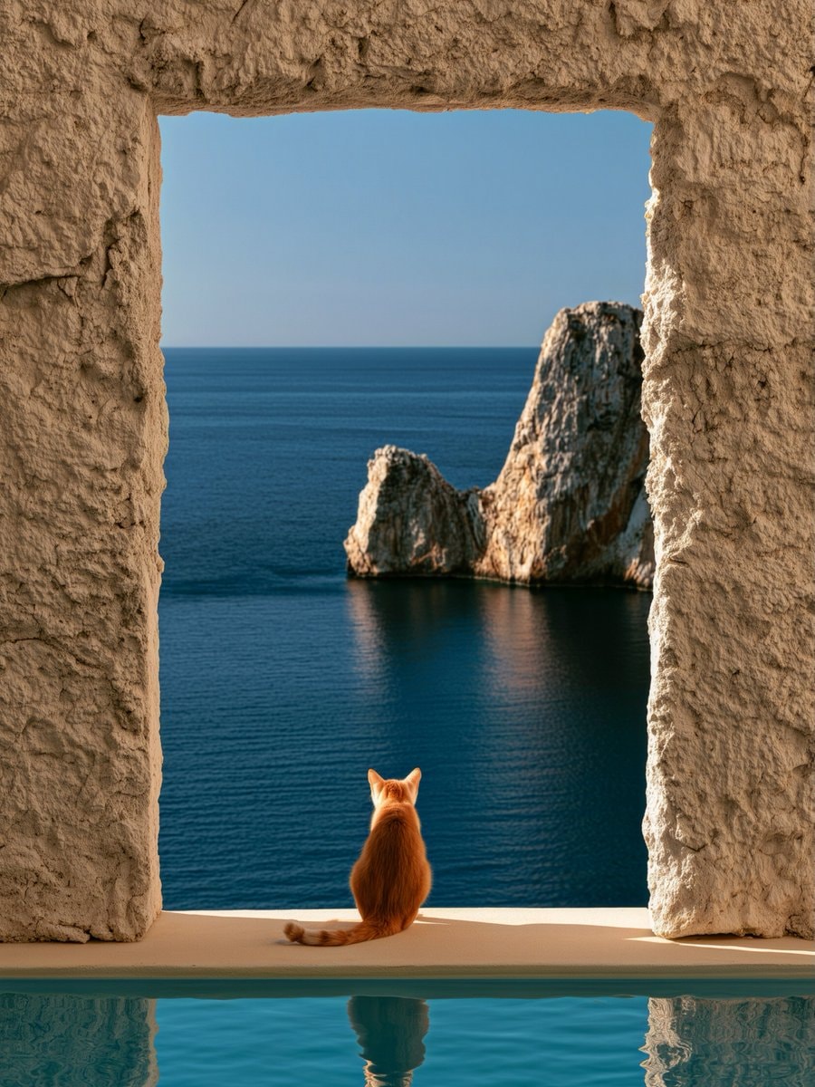 Ginger cat on ledge looking at ocean