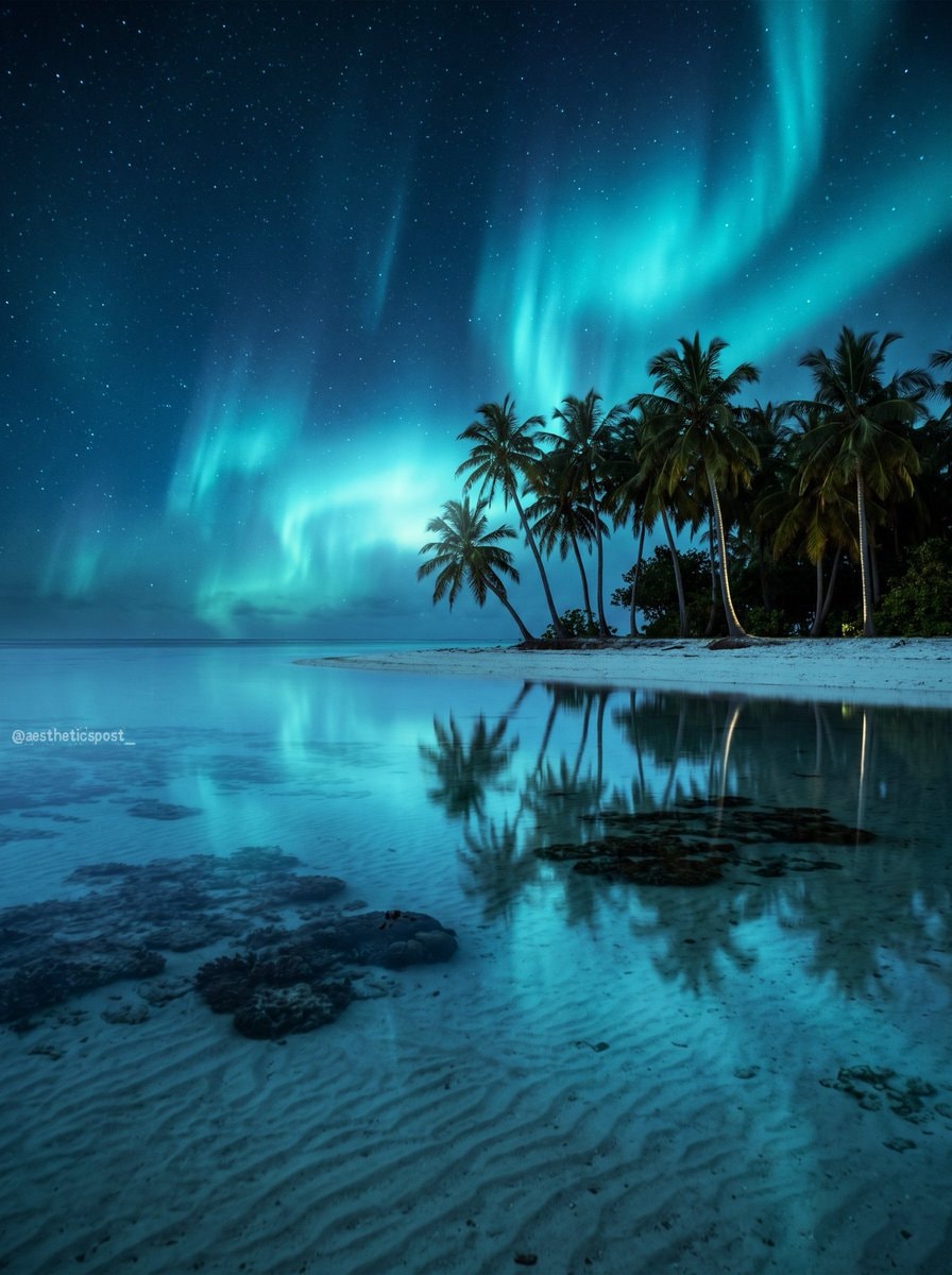 aurora over tropical beach