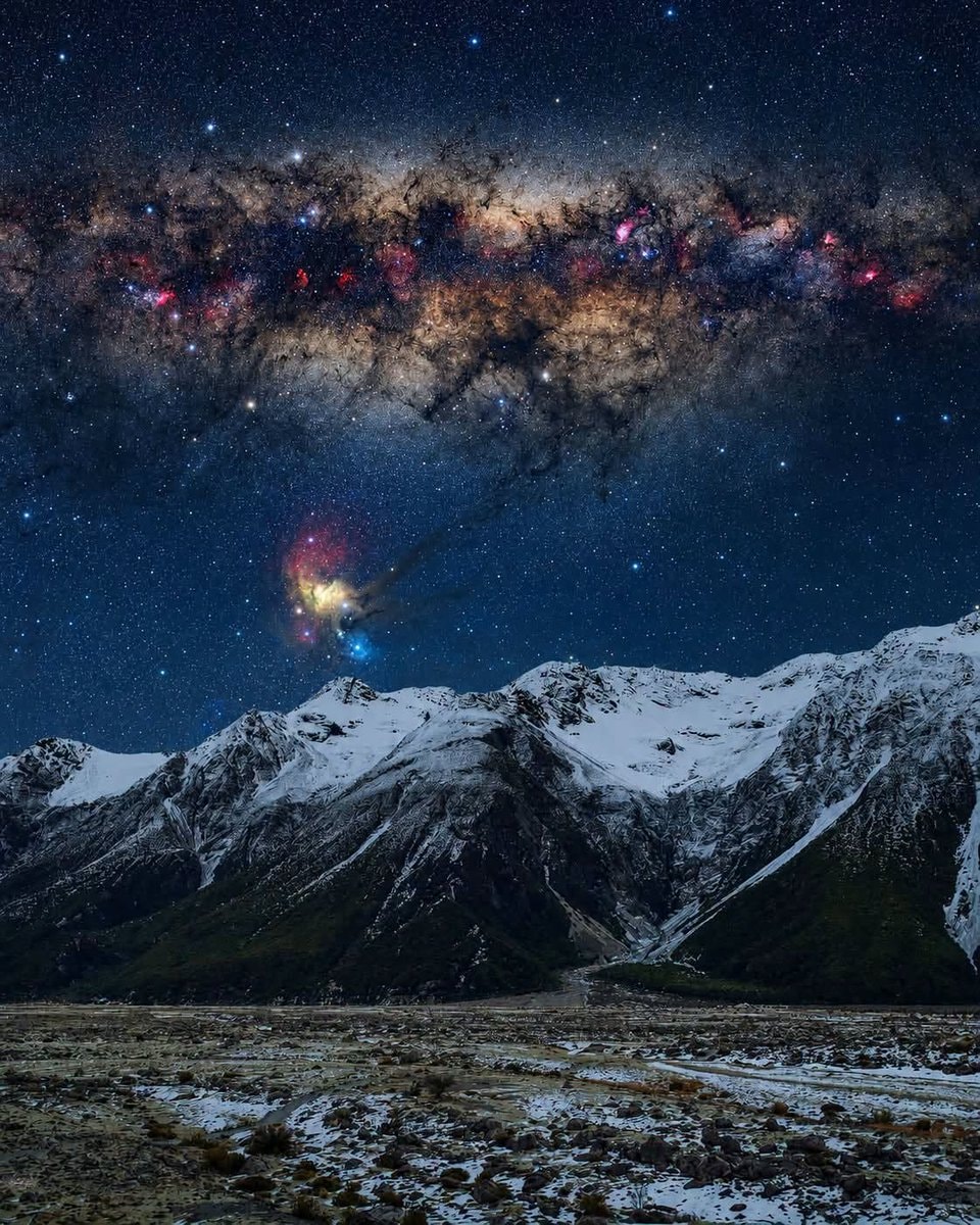 Milky Way over snow-capped mountains