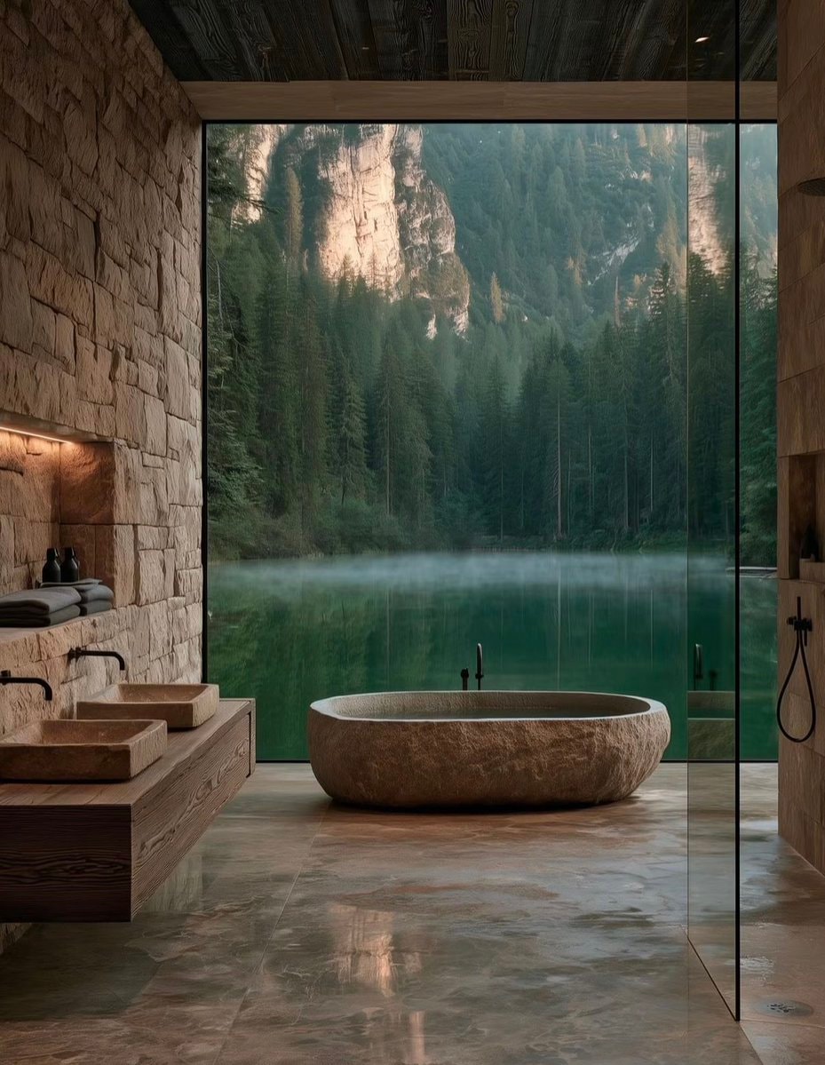 luxury bathroom with stone tub
