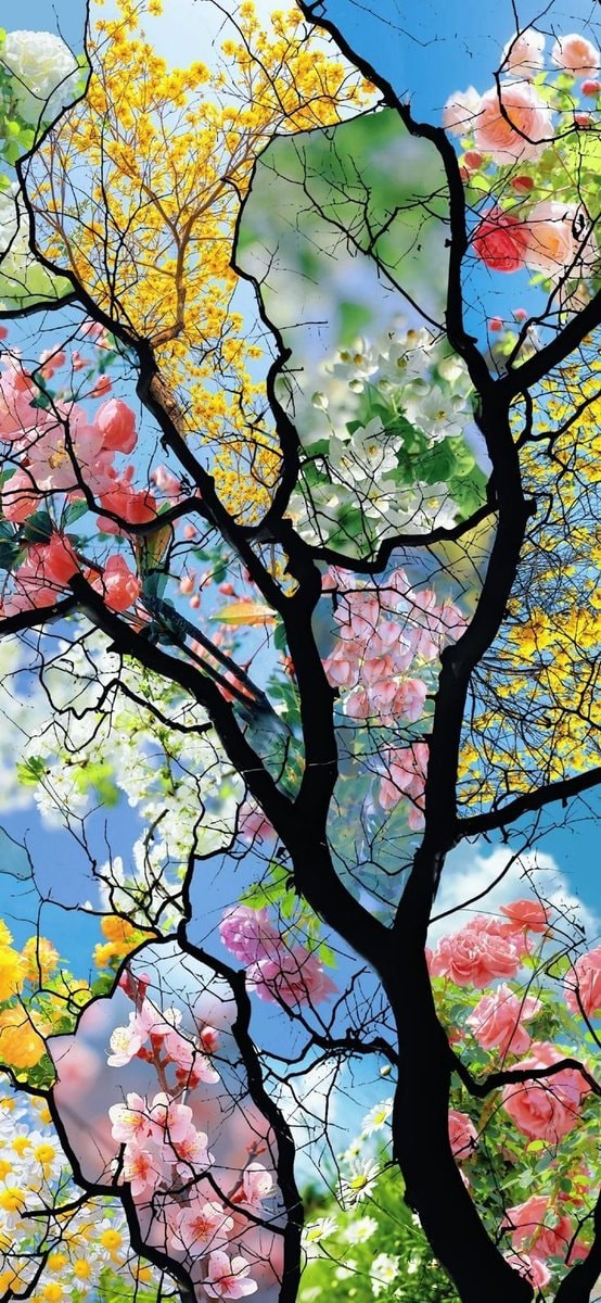 black tree silhouette floral collage