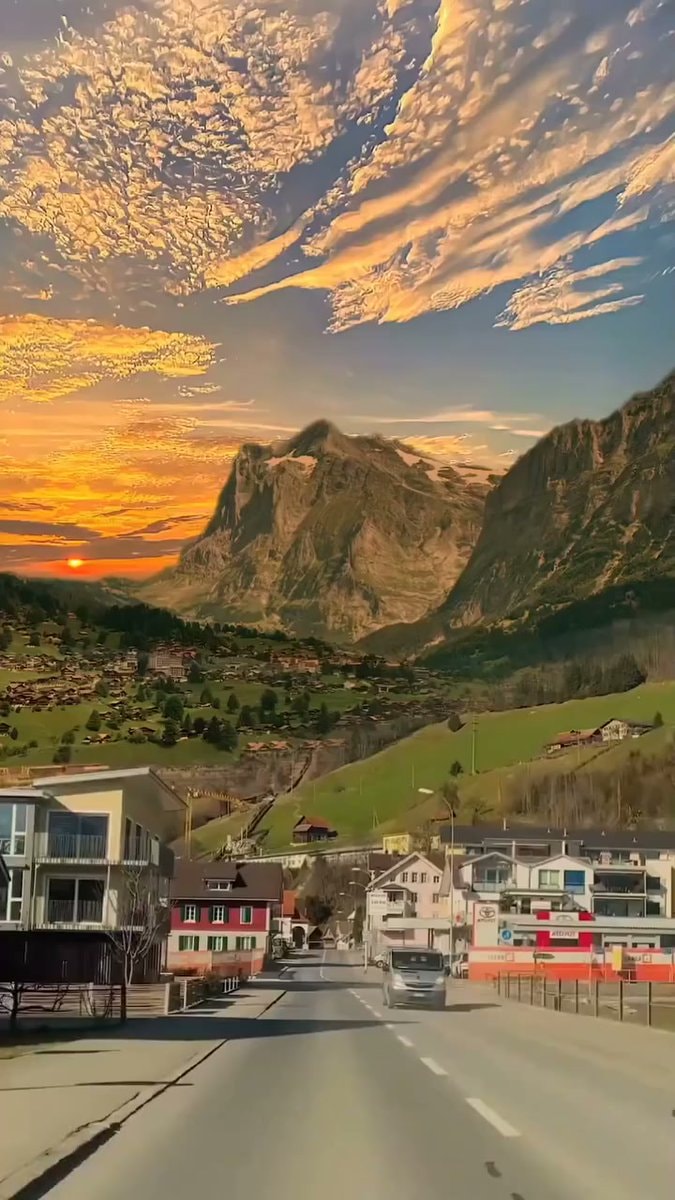 Switzerland mountain village at sunset