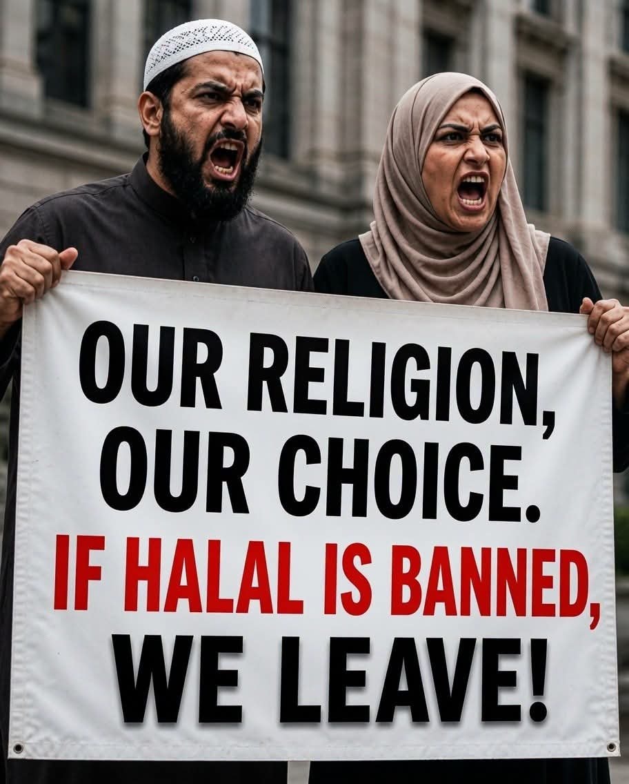 Protest banner OUR RELIGION OUR CHOICE