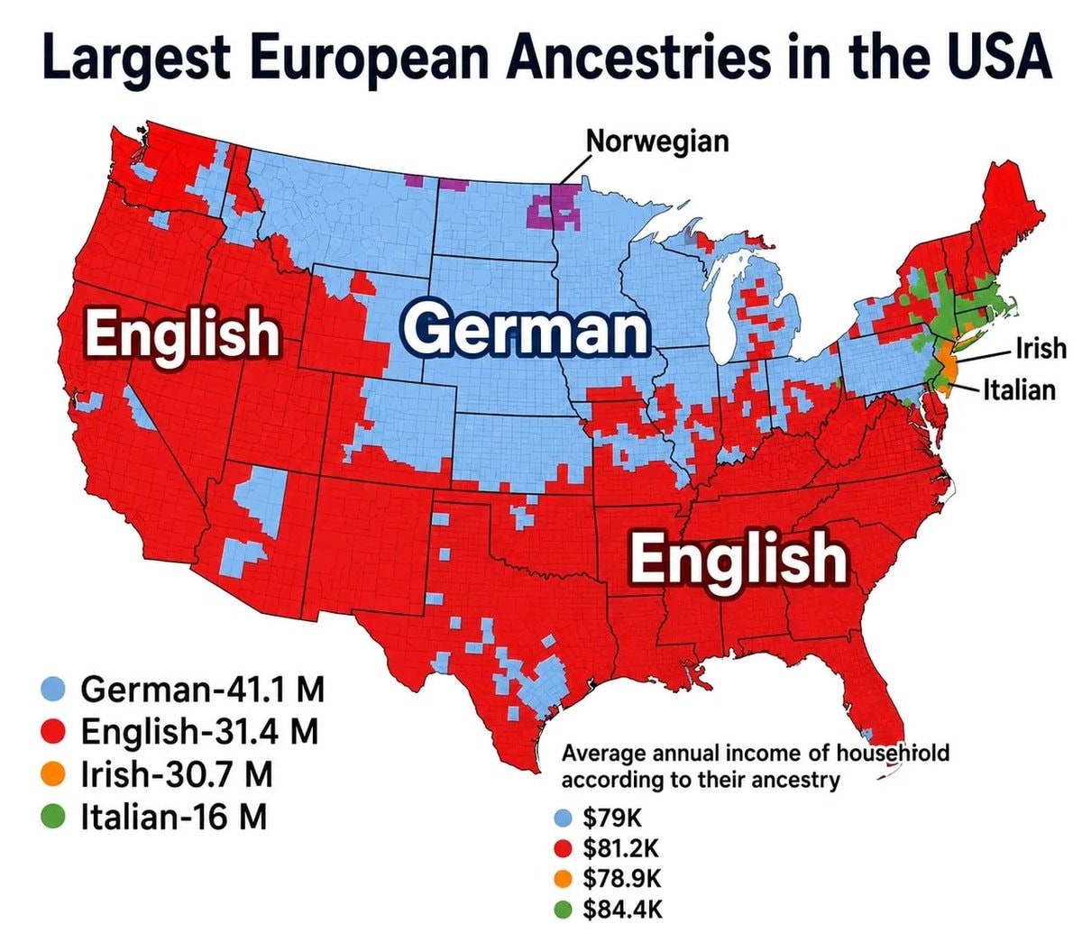 European ancestries map of the USA