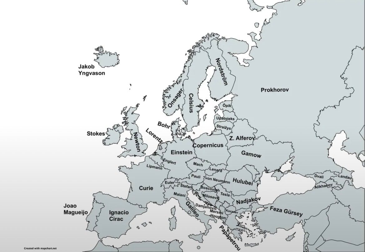 European map of famous physicists