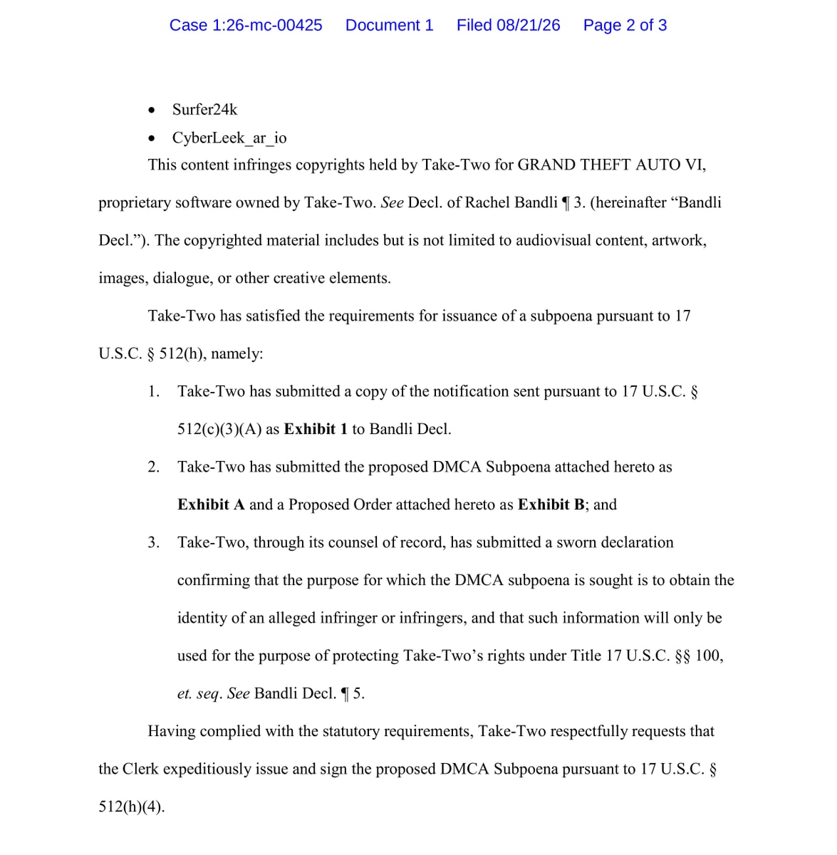 Take-Two DMCA petition GTA VI (photo 1 of 2)