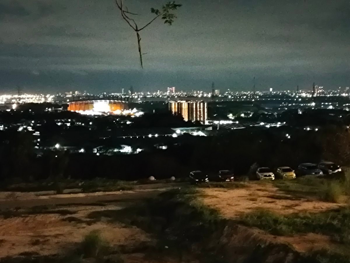 City skyline night stadium view