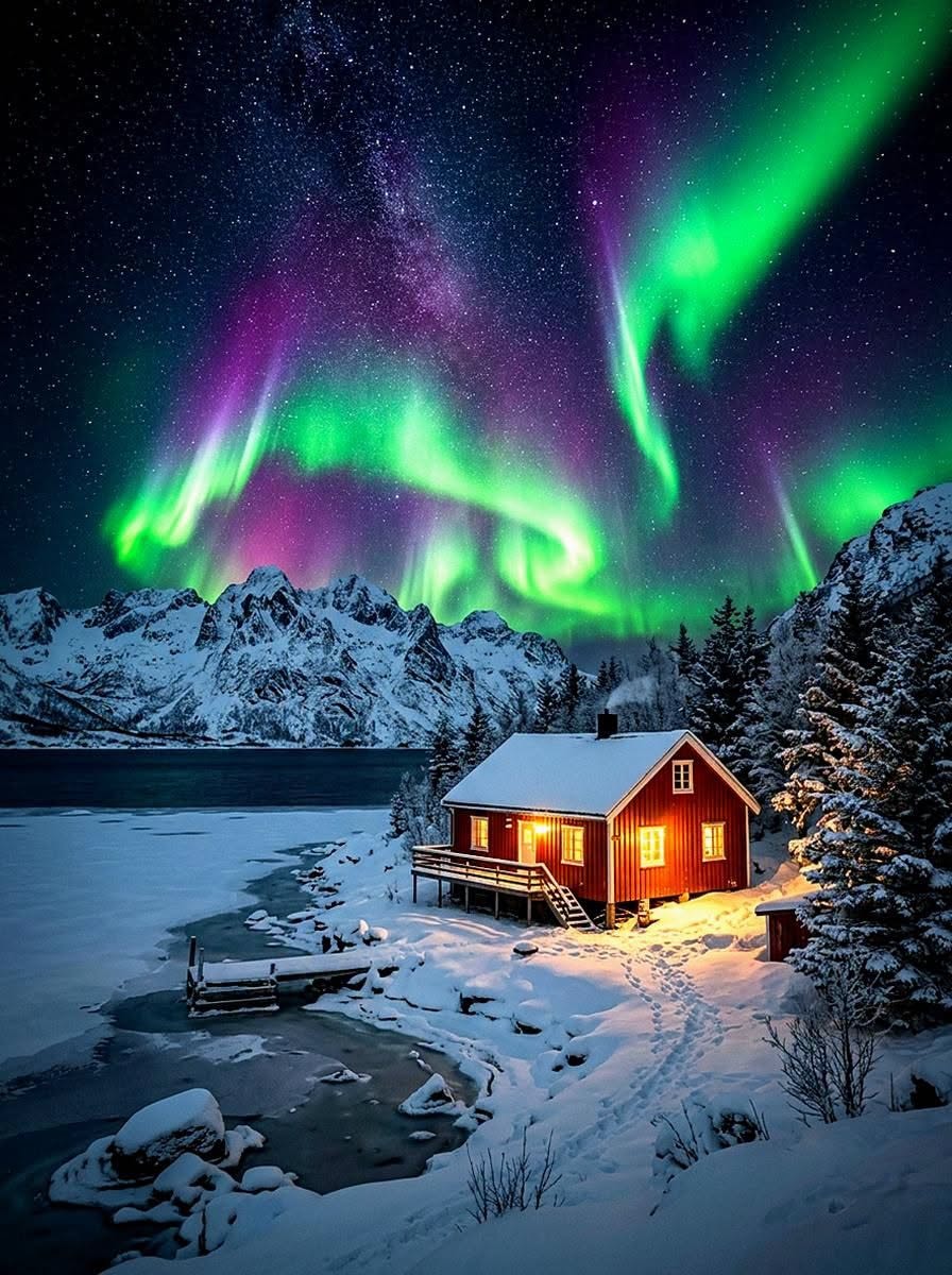 Aurora Borealis over Arctic Norway cabin