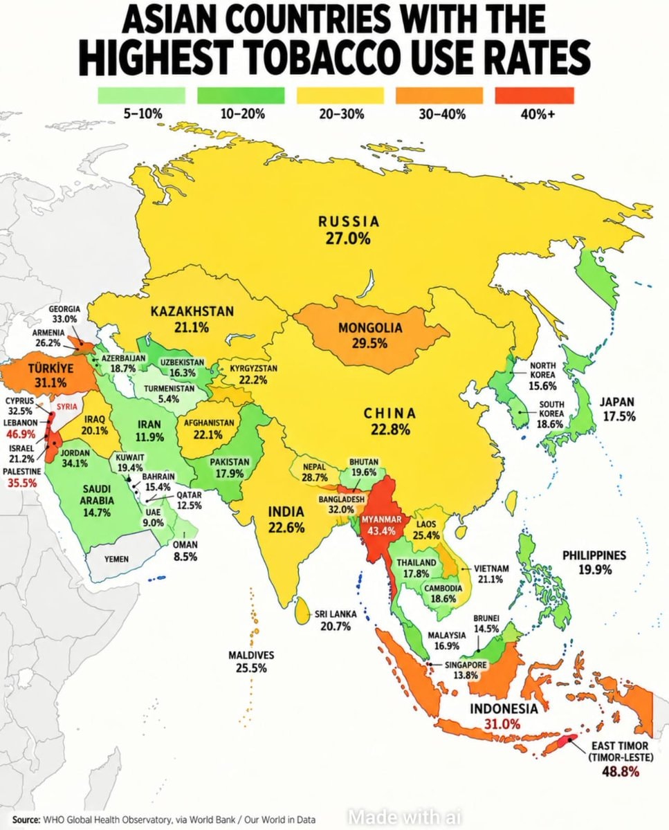 Asia tobacco use rates by country