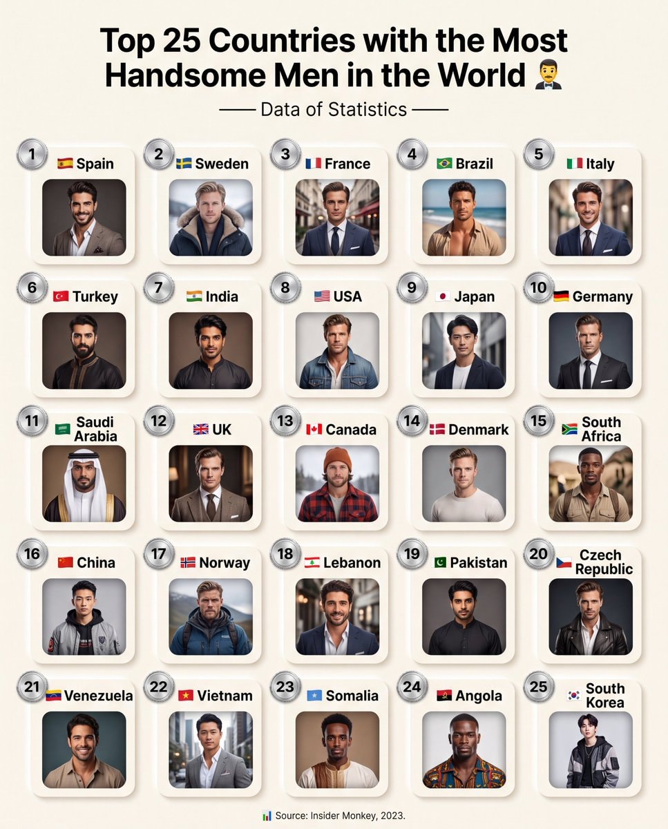 Top 25 countries with the most handsome men