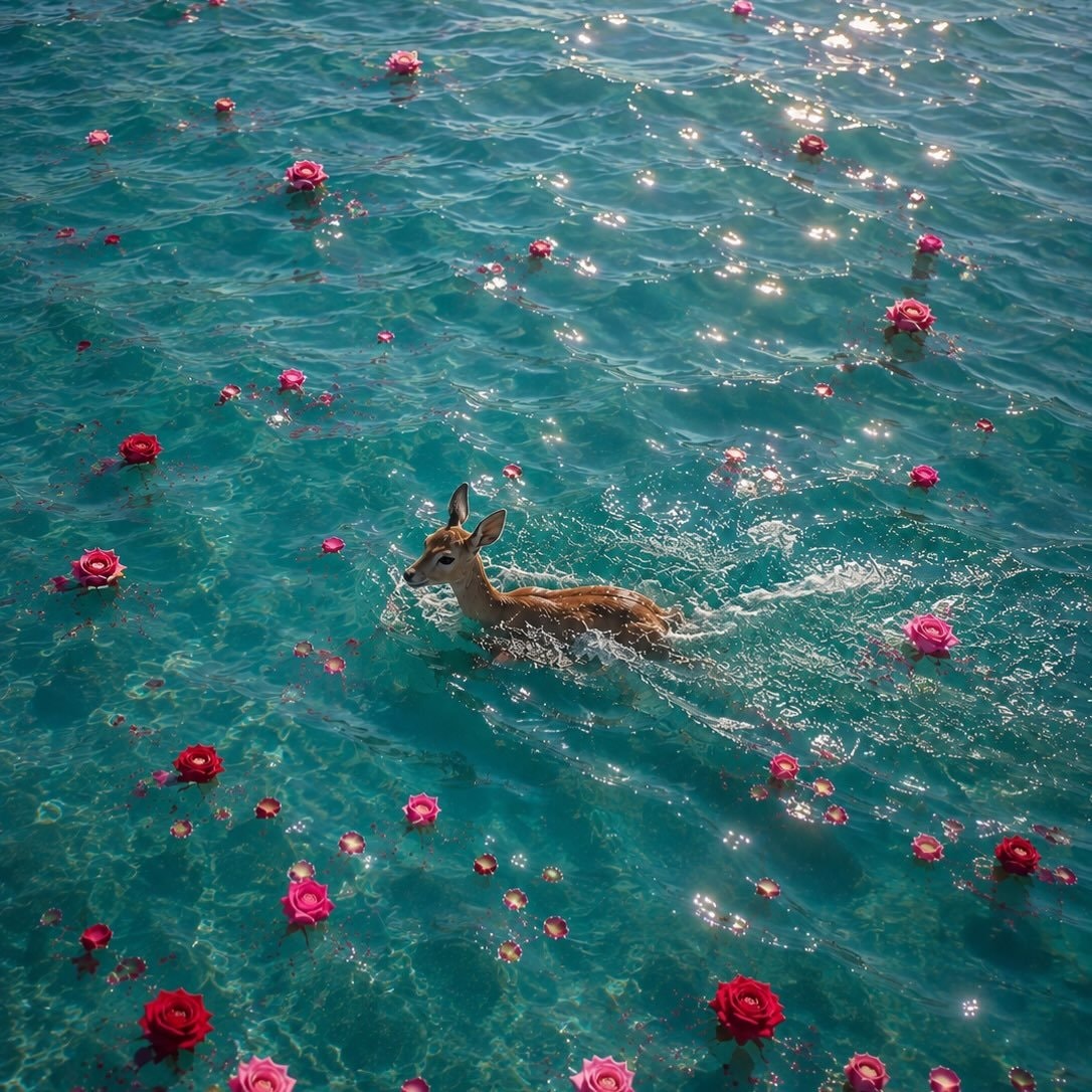 young deer in turquoise water young deer in turquoise water