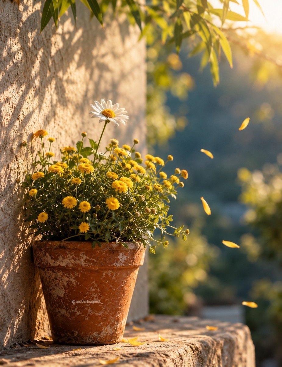terracotta pot yellow flowers white daisy