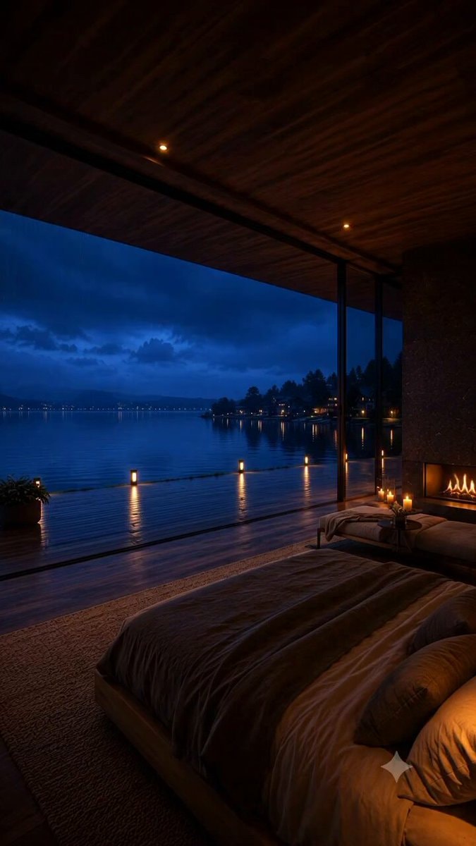 Lakeside luxury bedroom with fireplace