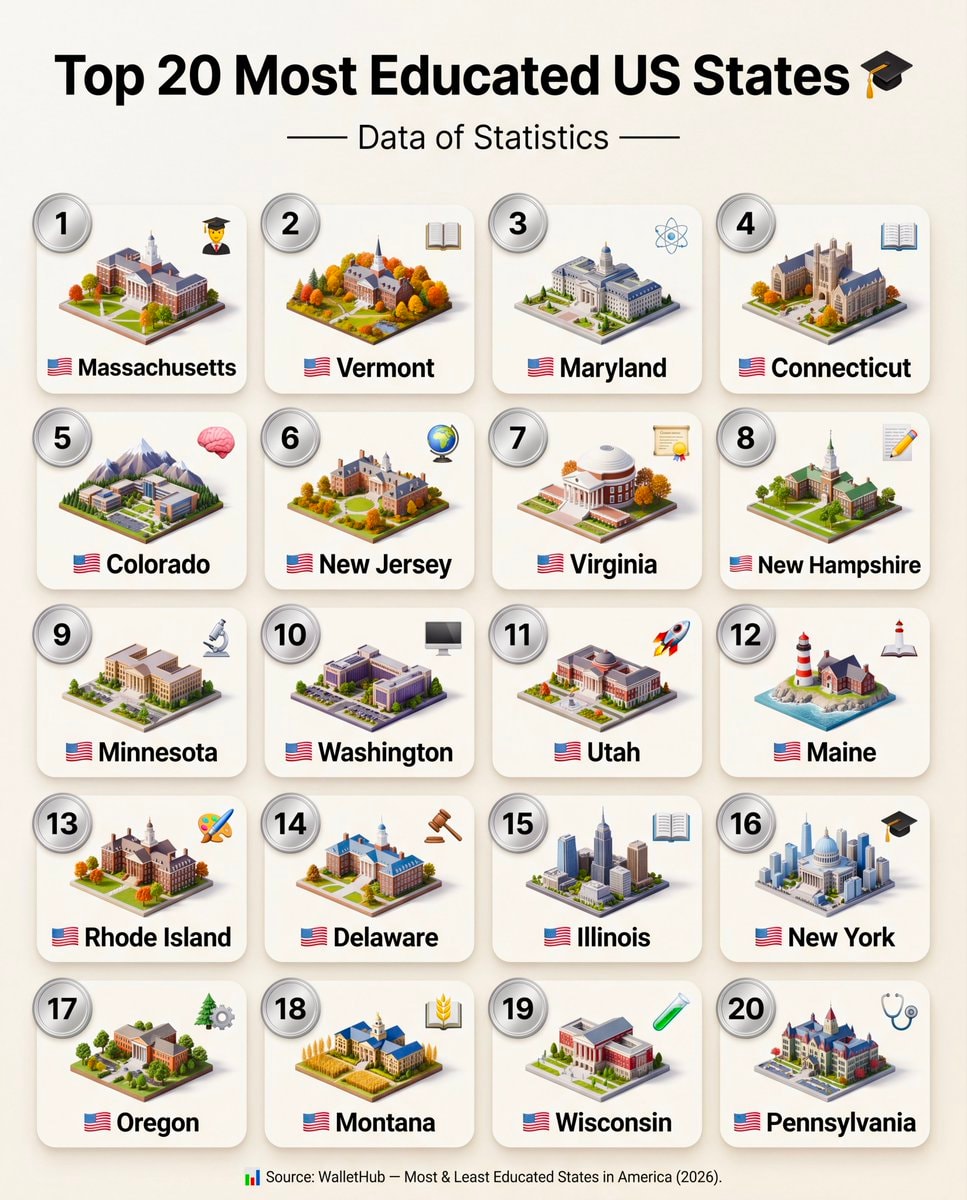 Top 20 Most Educated US States 2026 Top 20 Most Educated US States 2026
