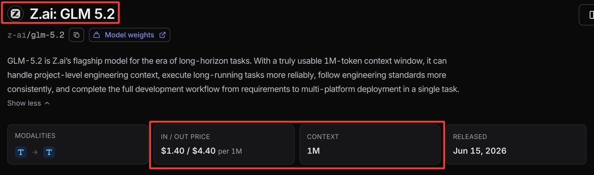 Z.ai GLM 5.2 OpenRouter pricing 1M context