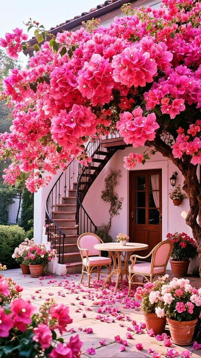 pink bougainvillea spiral staircase