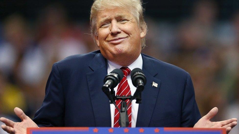 Trump at podium during rally