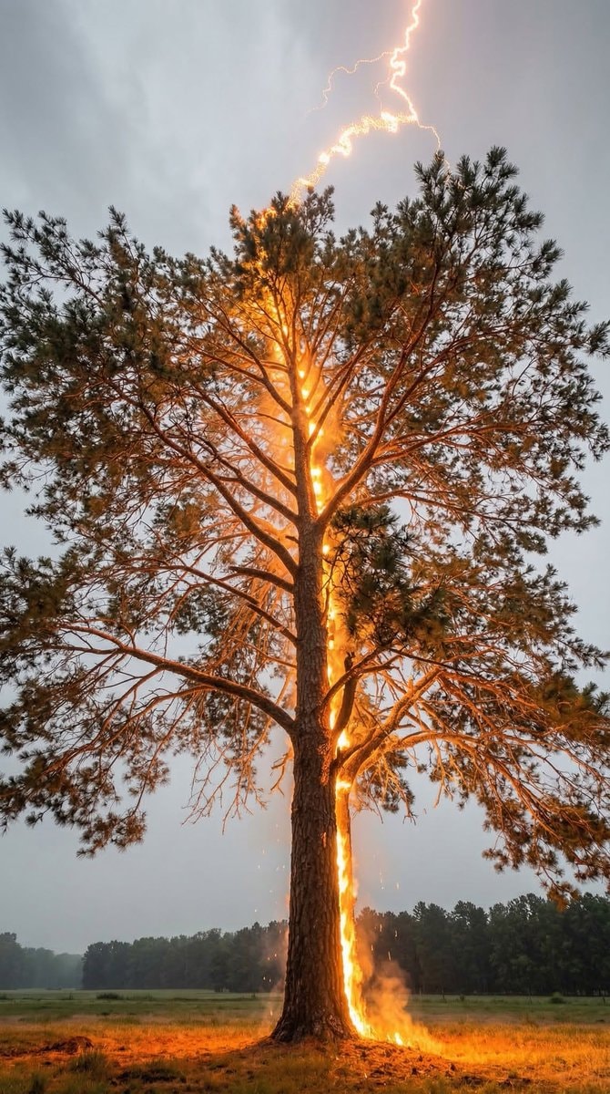 lightning strike on pine tree