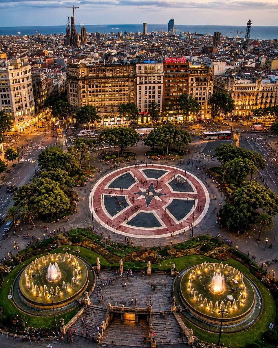 Barcelona Spain plaza at dusk