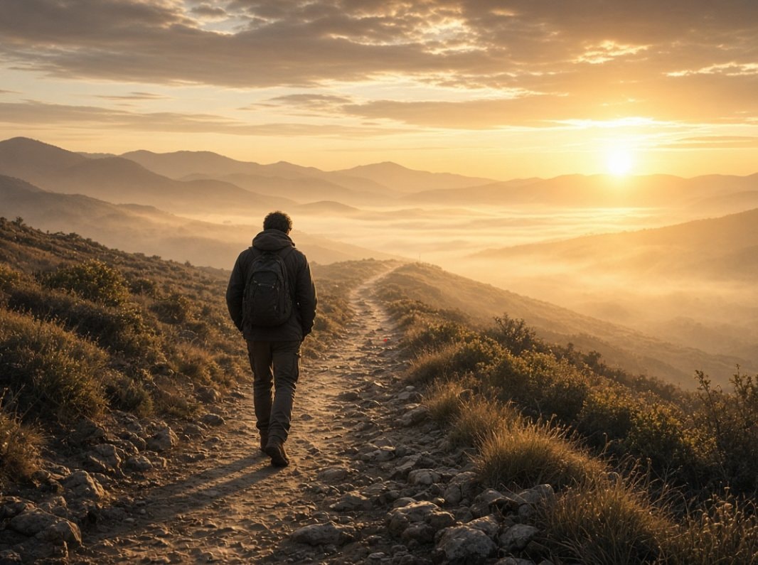 Lone hiker on rocky path at sunset