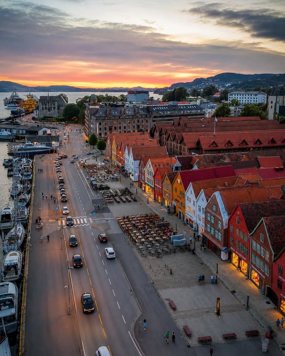 Bergen Norway sunset aerial view