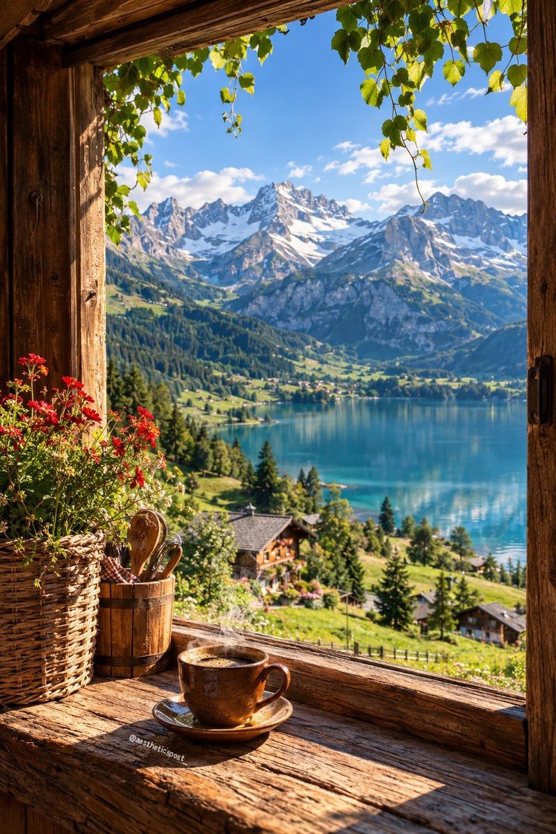 rustic window lake view