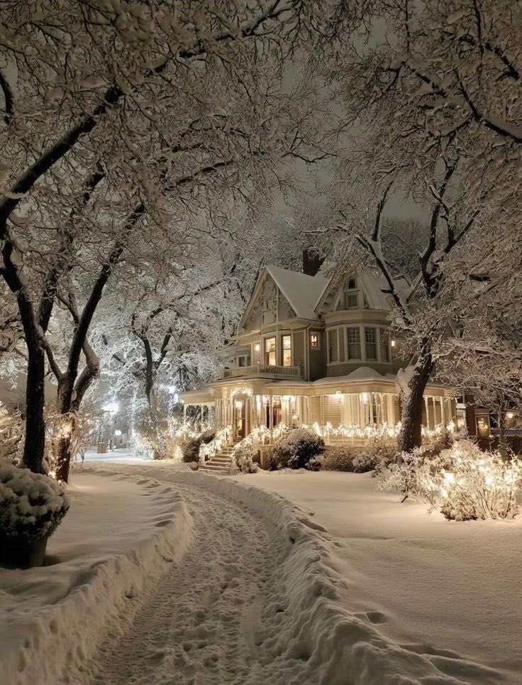 Victorian house snow Christmas lights