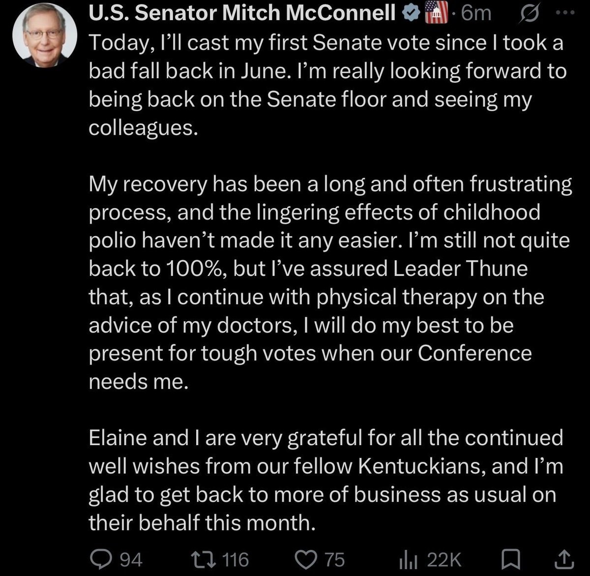 Mitch McConnell returns to Senate