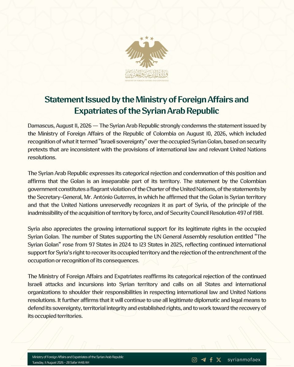 Syria condemns Colombia Golan Heights statement