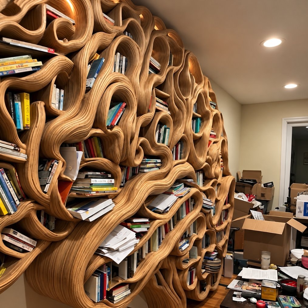 brain-shaped wooden shelves