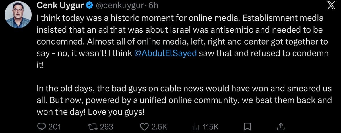 Cenk Uygur ad reaction