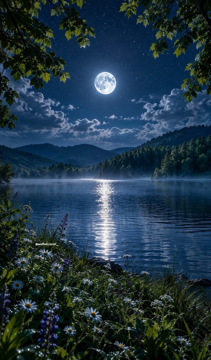 full moon over calm lake