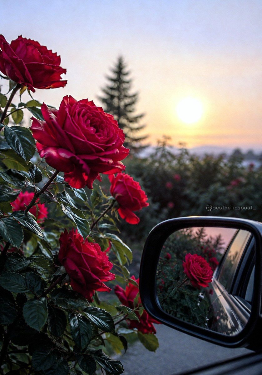red roses and sunset reflection