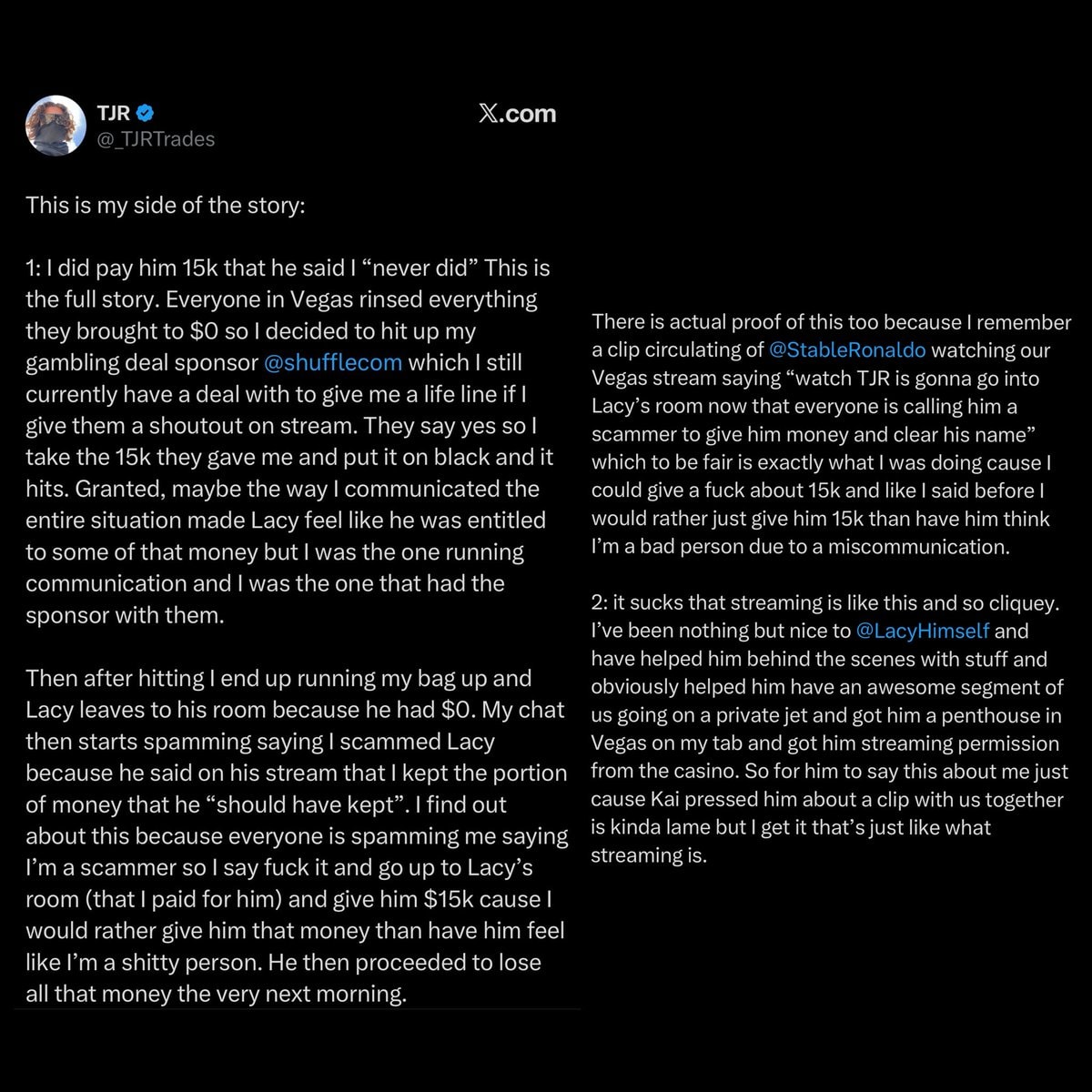 TJR responds to Lacy scam allegations