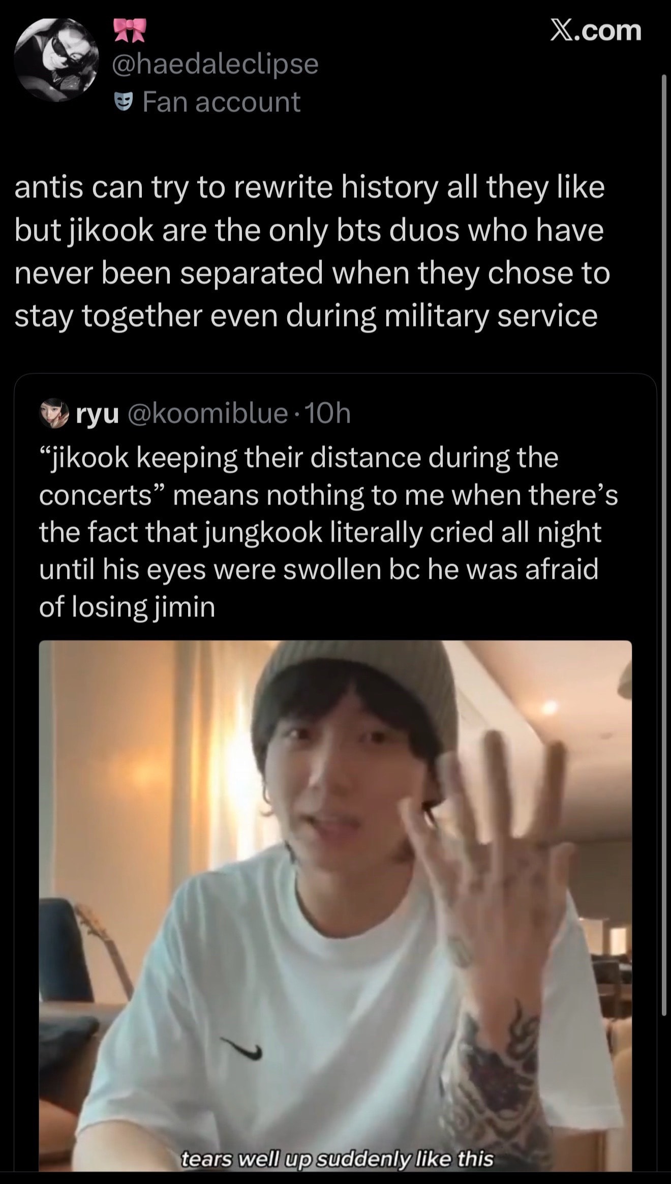 Jungkook emotional reaction to separation fear
