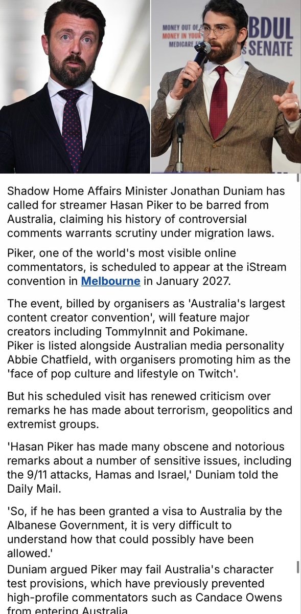 Duniam seeks Hasan Piker Australia ban