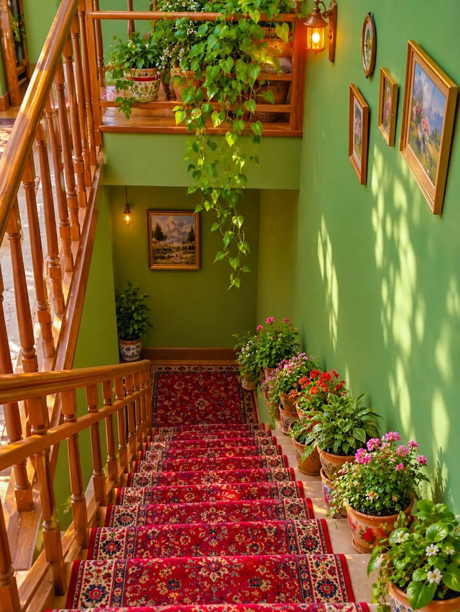 staircase with red rug and plants