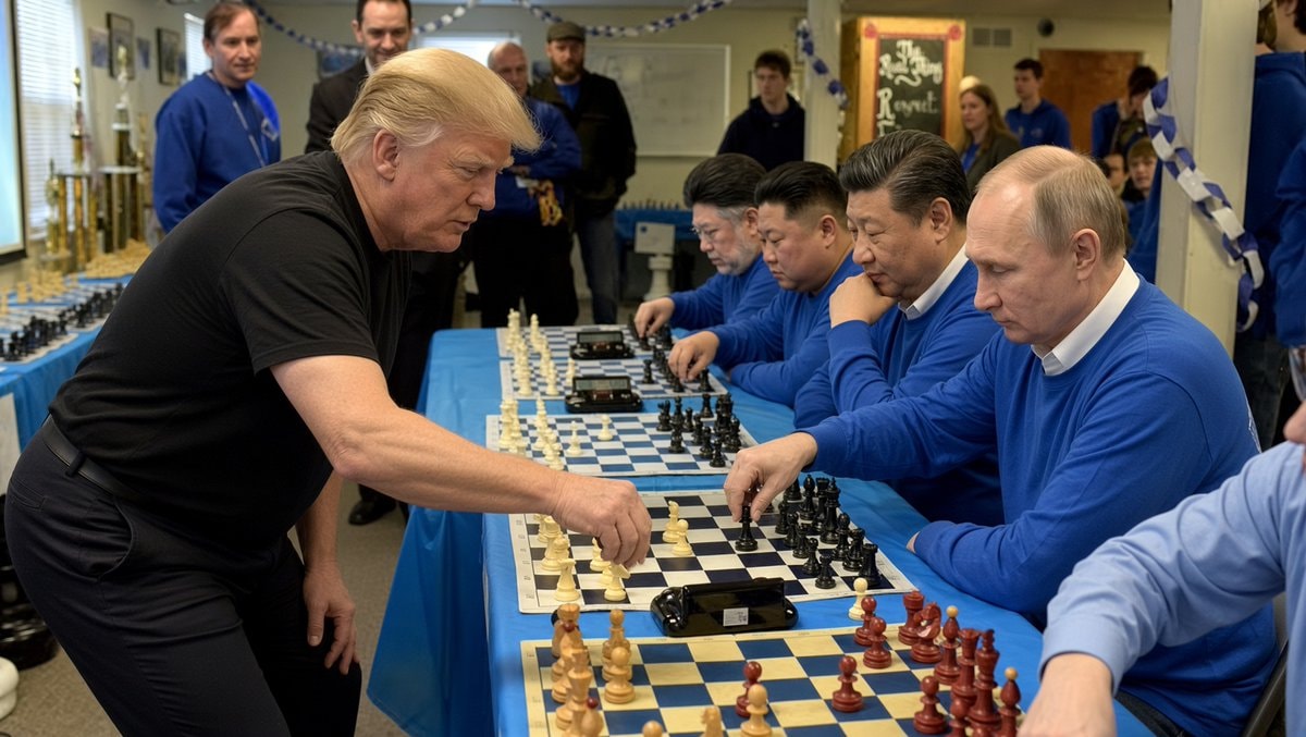 Trump chess match against blue sweaters