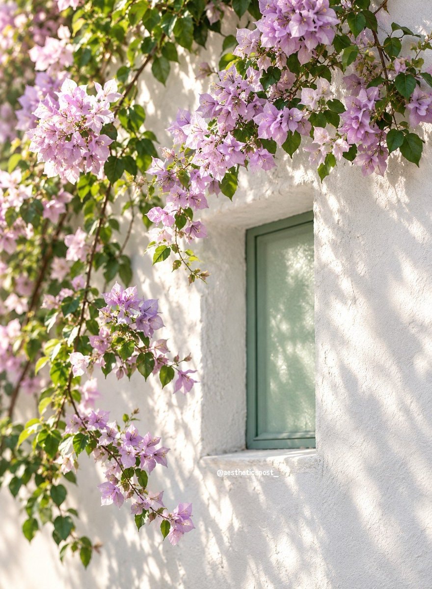Bougainvillea over white stucco wall