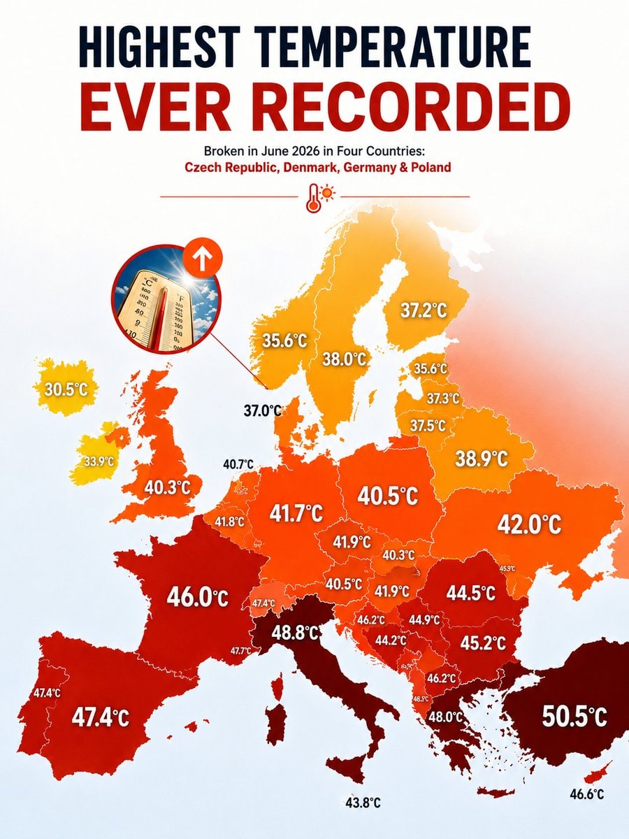 Europe highest recorded temperatures map