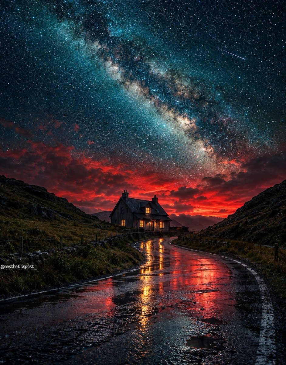 cottage with wet road and milky way