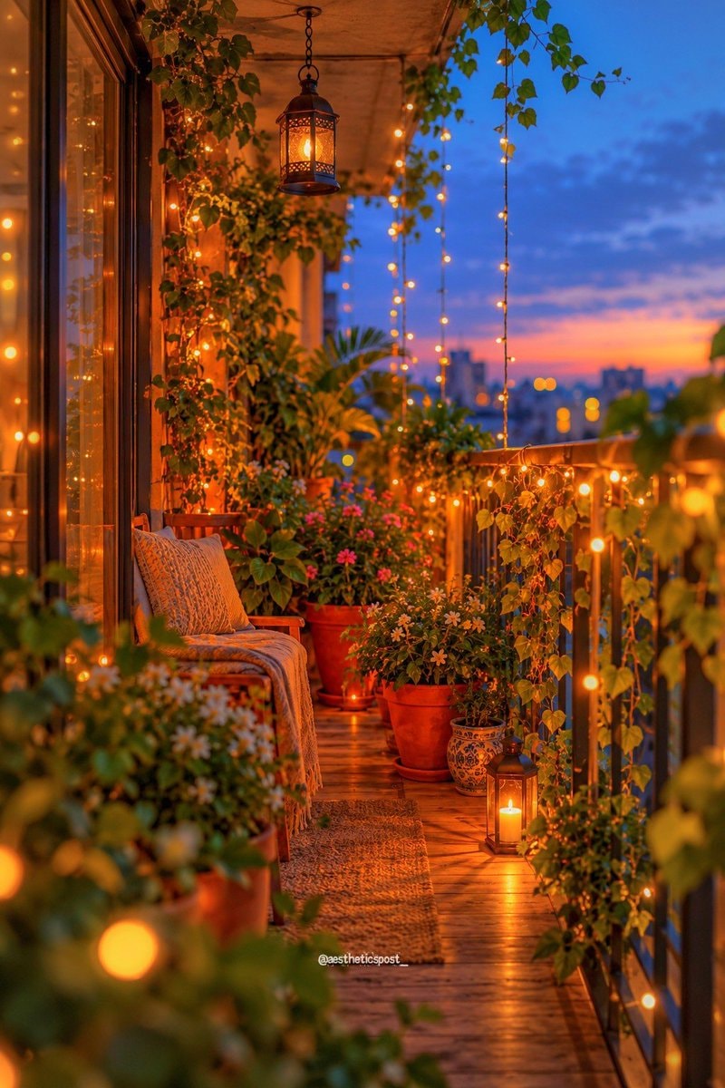 balcony at dusk with string lights