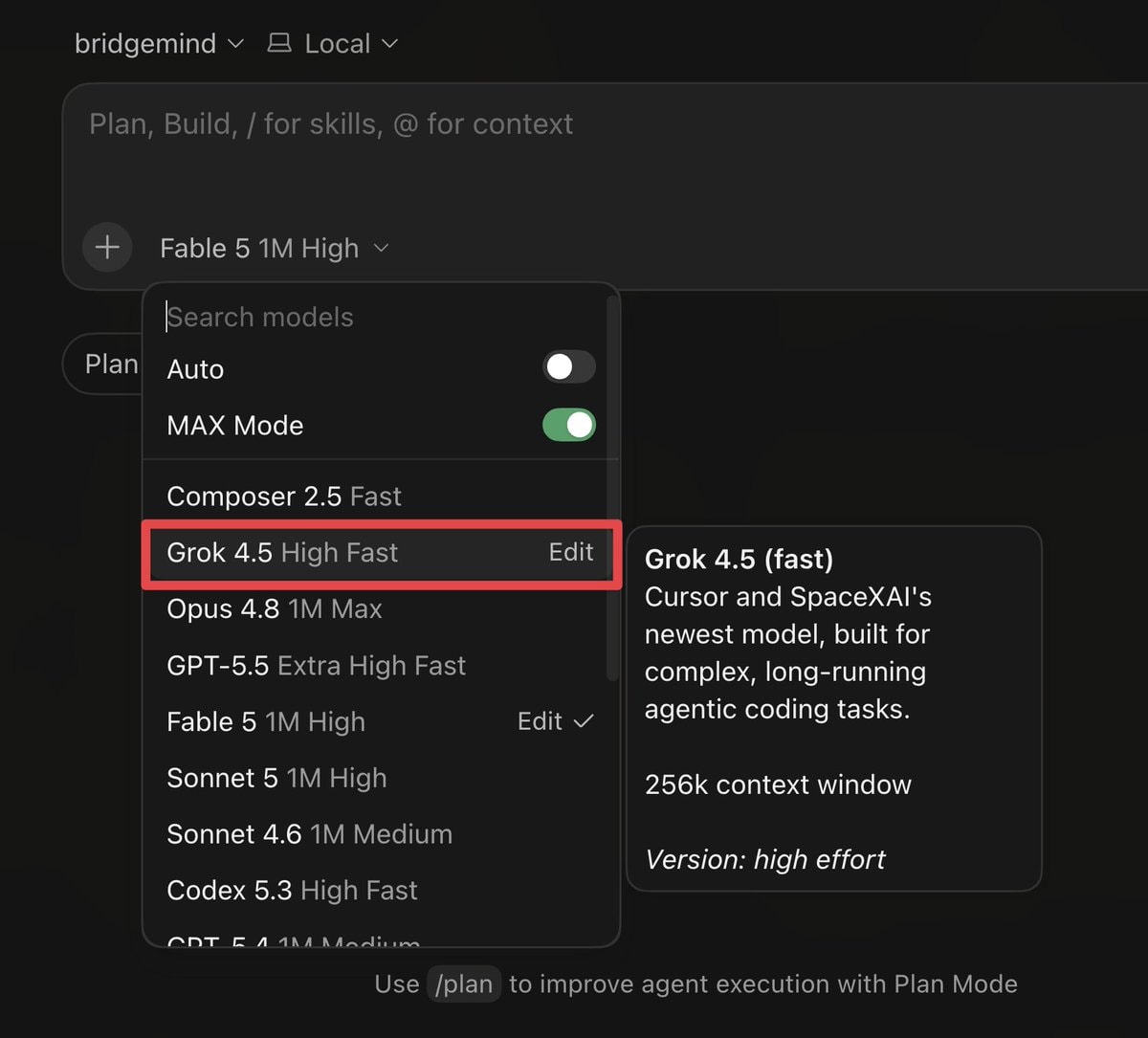 Grok 4.5 live in Cursor