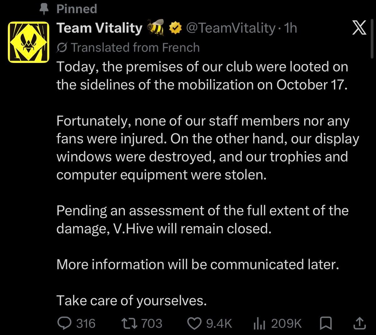 Team Vitality statement on HQ raid