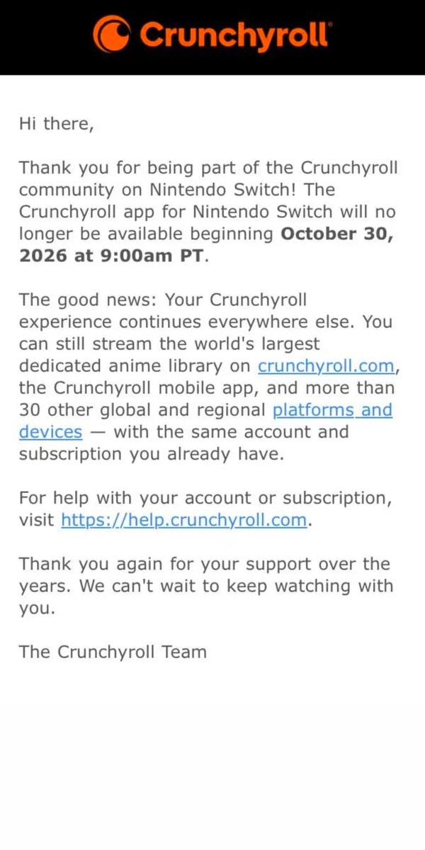 NINTENDO SWITCH Crunchyroll discontinuation (photo 2 of 2)